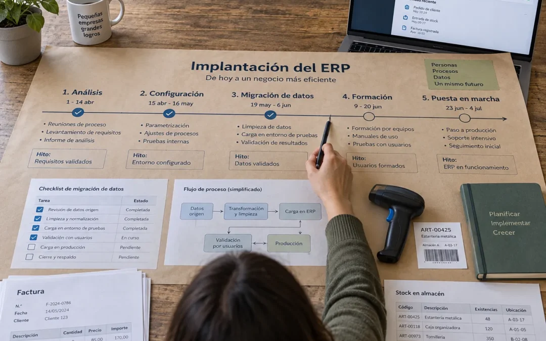 Plan de implantación de ERP en una pyme sobre una mesa; empleado señala el paso de migración de datos a formación.