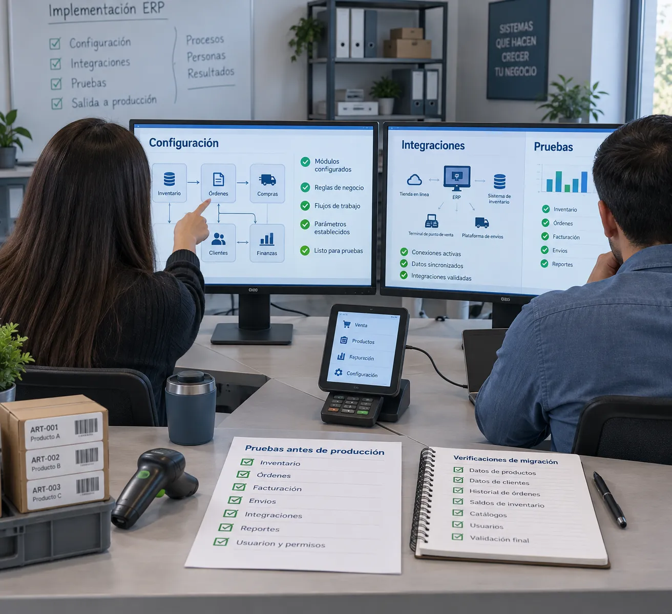 Equipo revisa pantallas de configuración, integraciones y pruebas para implantar un ERP en una pyme; checklist, escáner y terminal de venta en la mesa.